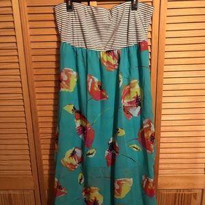 Strapless Floral & Striped Maxi Dress